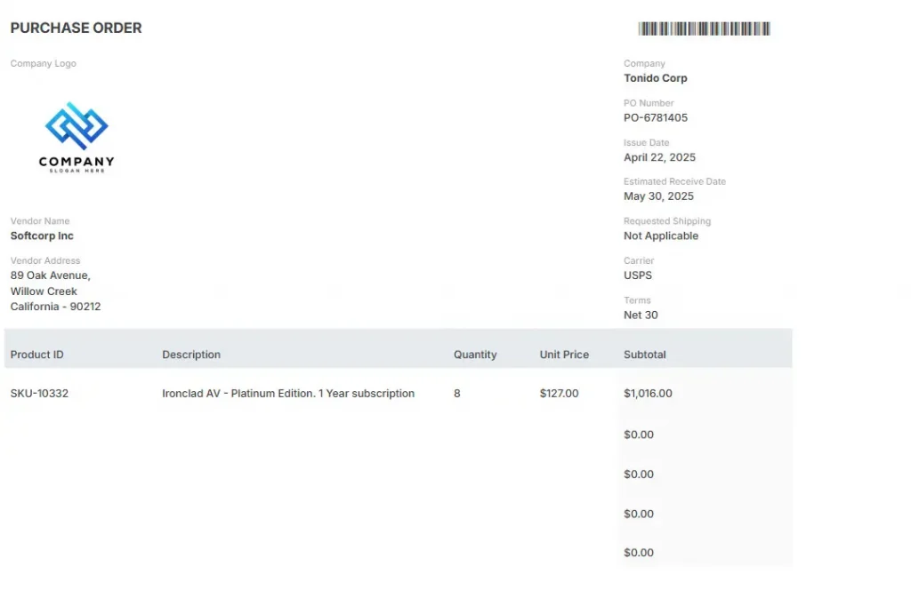 Purchase Order Template - AnyDB