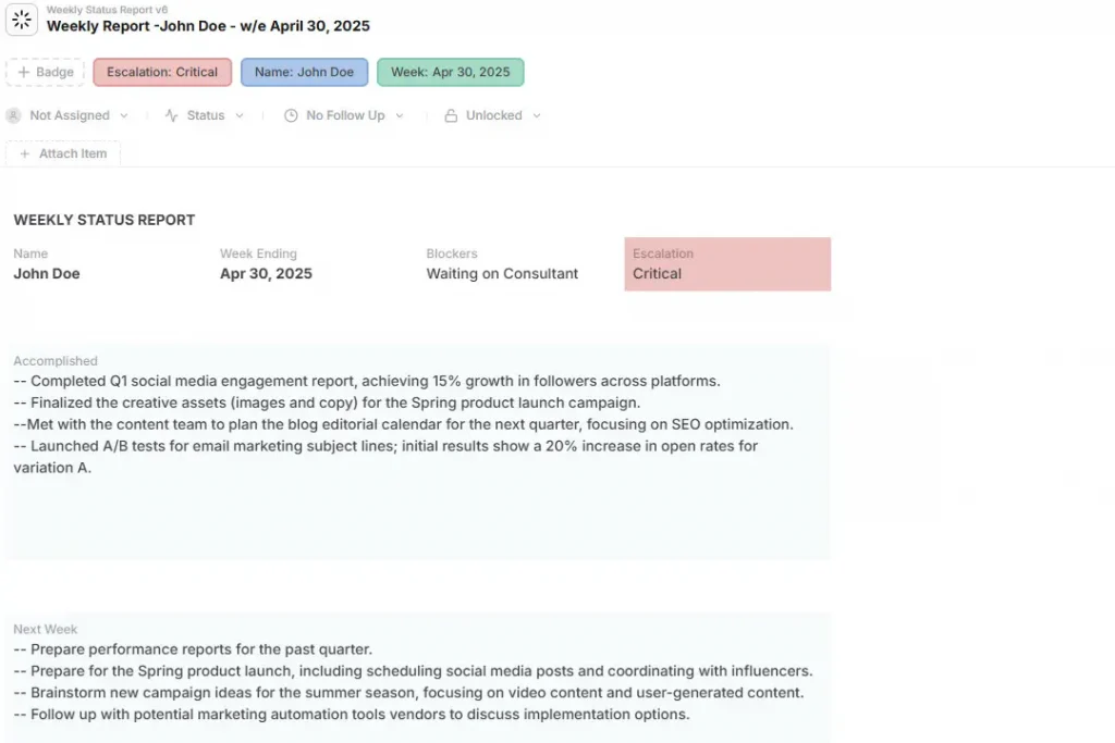 Weekly Status Report template in AnyDB