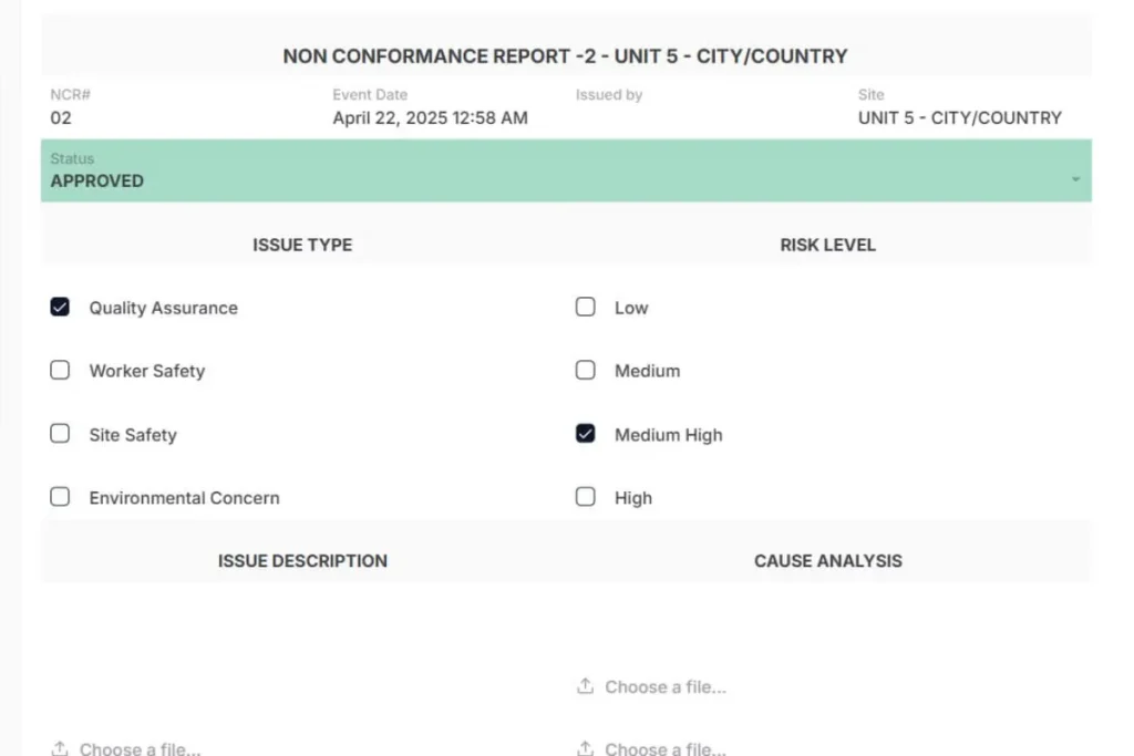 Non Conformance Report Template showing issue type, risk level, and approval status