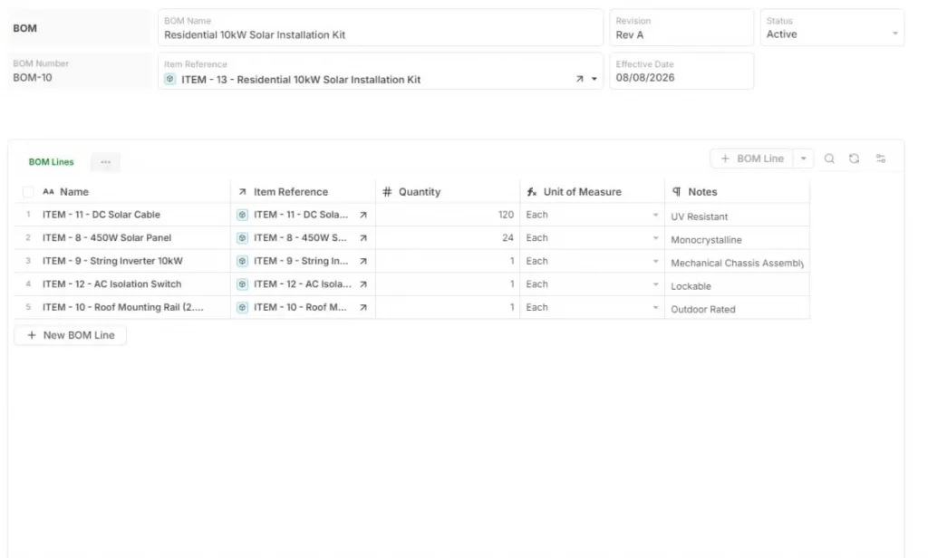 Software bill of materials in AnyDB showing a BOM business object with revision, status, item references, quantities, and component lines