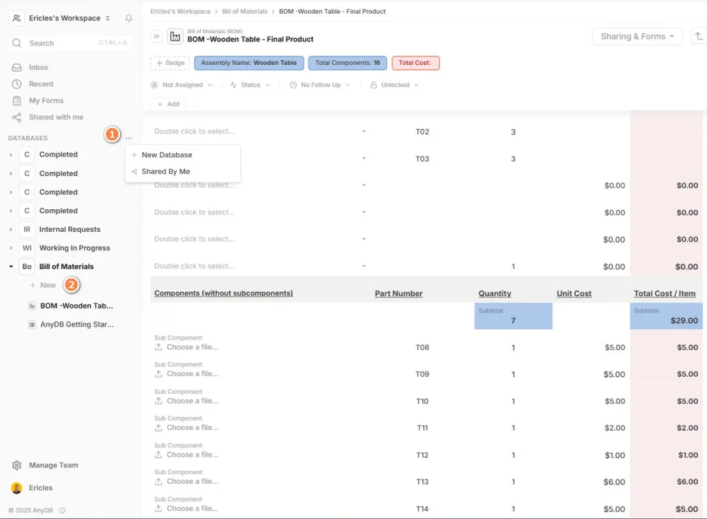 Bills of Materials Template by AnyDB