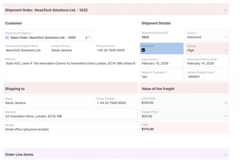 Shipment Order Item Template by AnyDB