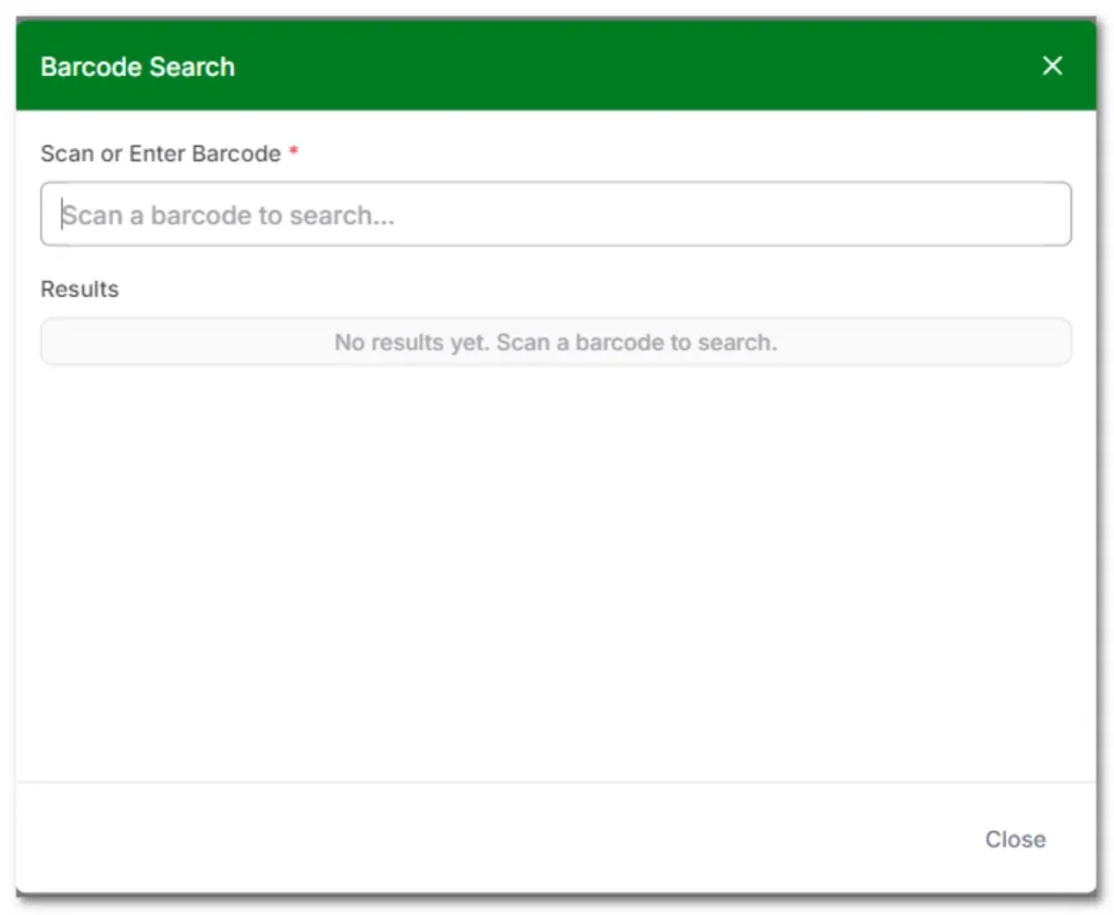 Barcode Search modal with scan input and results field