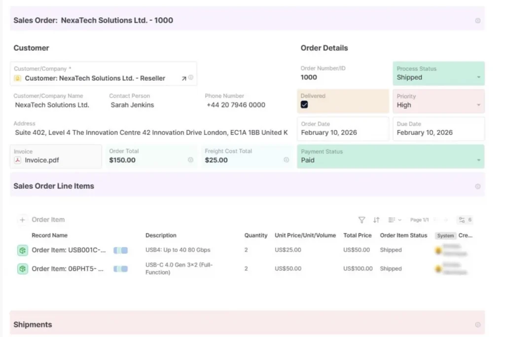 Sales Order Template with shipment tracking details