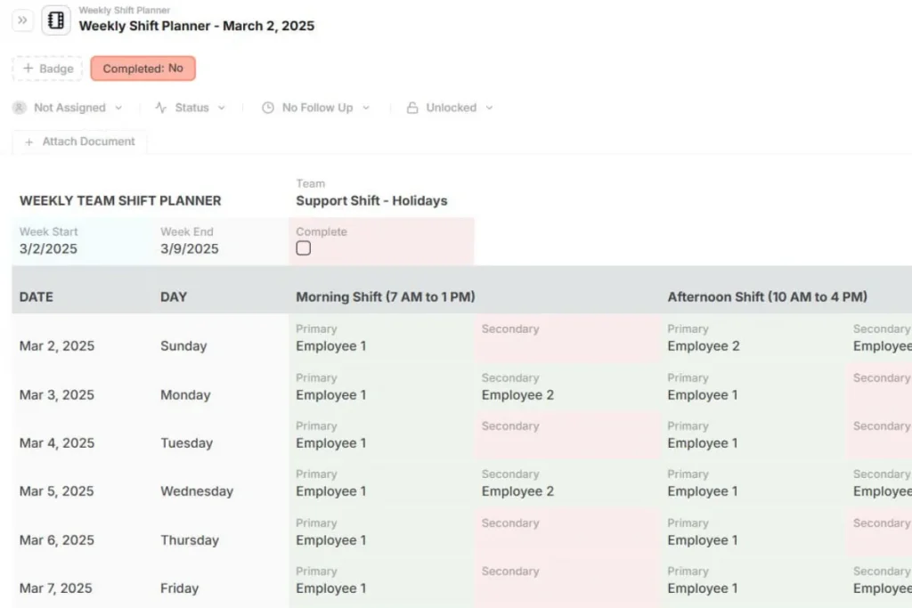 Weekly Shift Planner dashboard with employee schedules