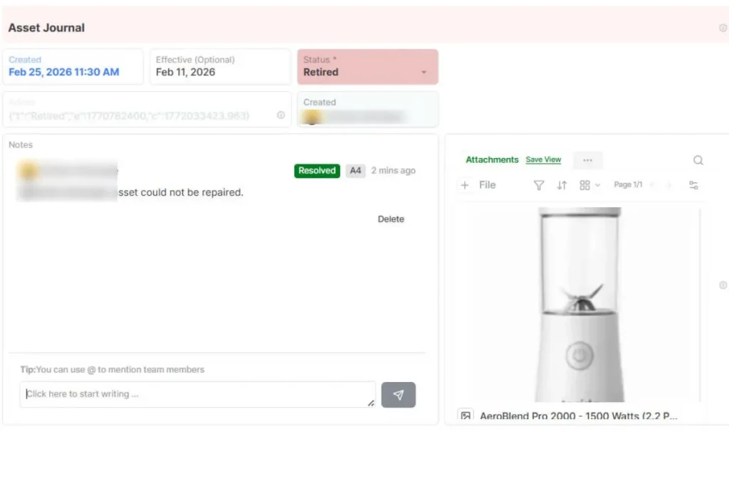 Asset Journal Template showing retired asset status and attached equipment record