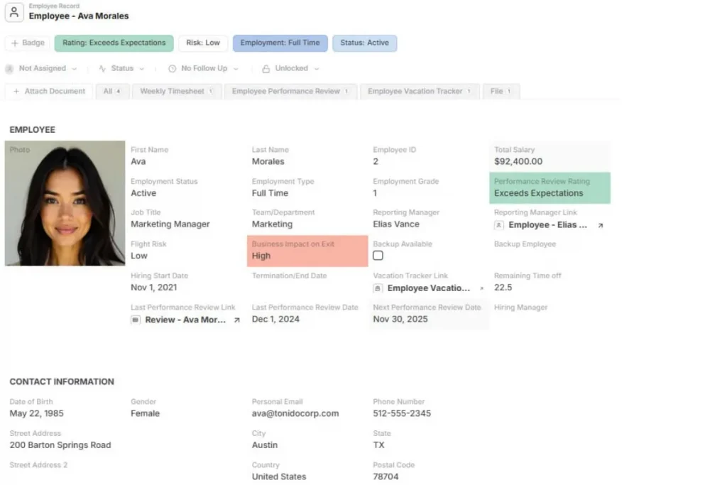 Employee Record Template showing HR data, performance review, and vacation tracking