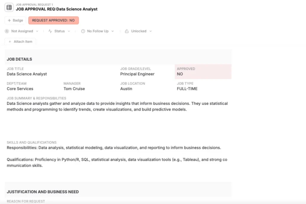 Job Approval Request Template for analyst role