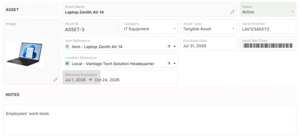 Asset Records Template showing structured asset details