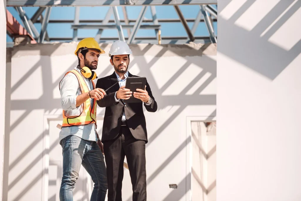 Civil engineer and construction worker manager holding digital tablet with construction asset tracking software