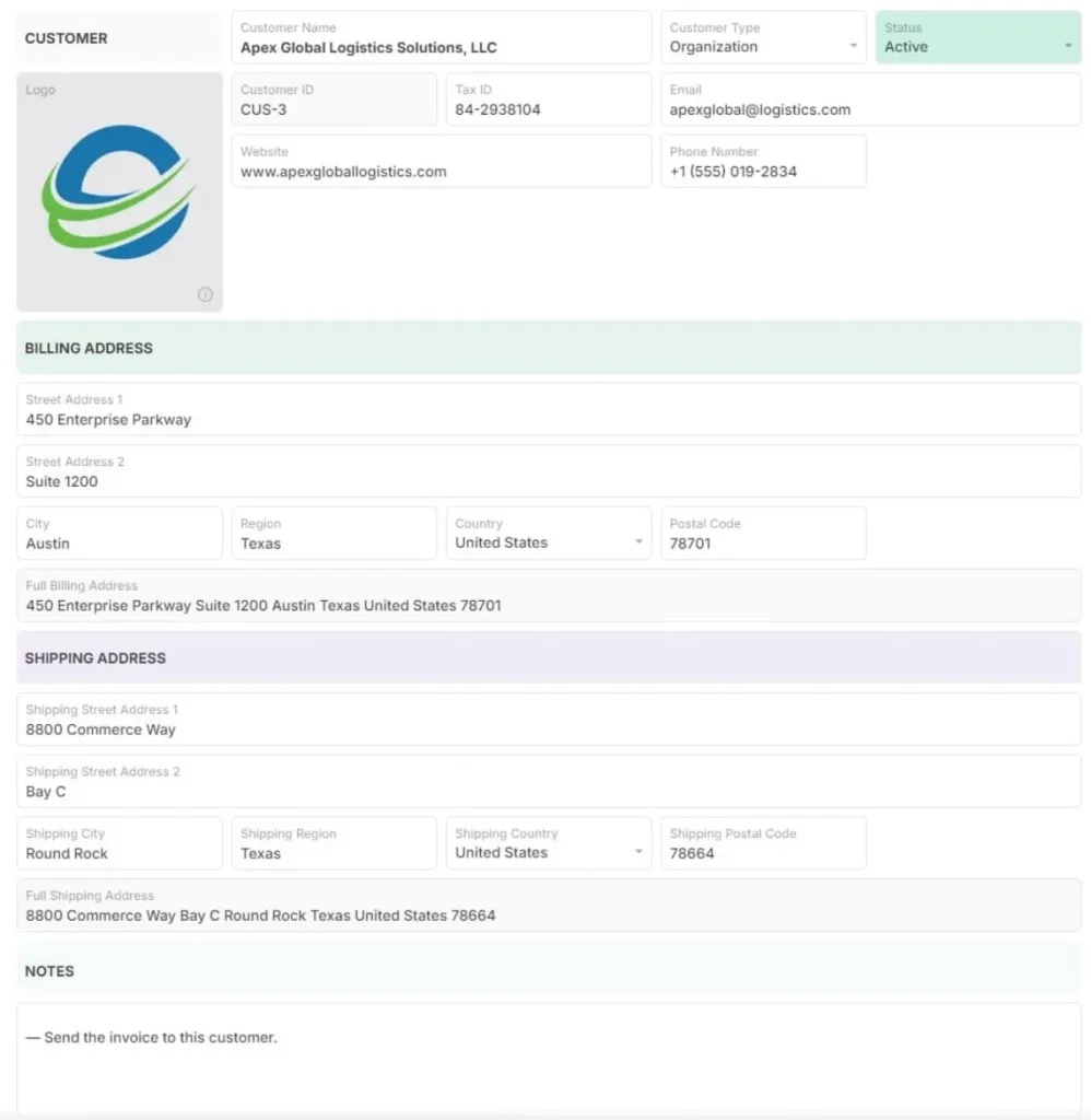 Customer Record with billing and shipping details