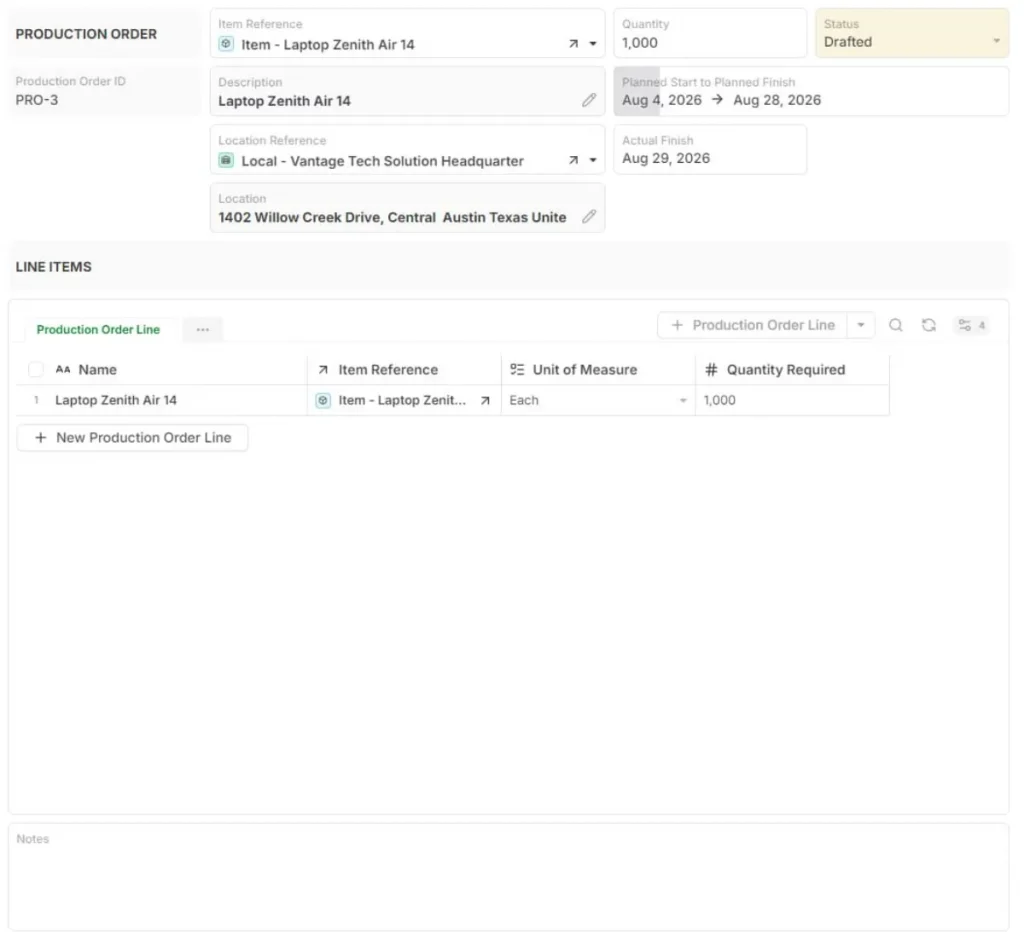 Production Order Template showing manufacturing workflow records