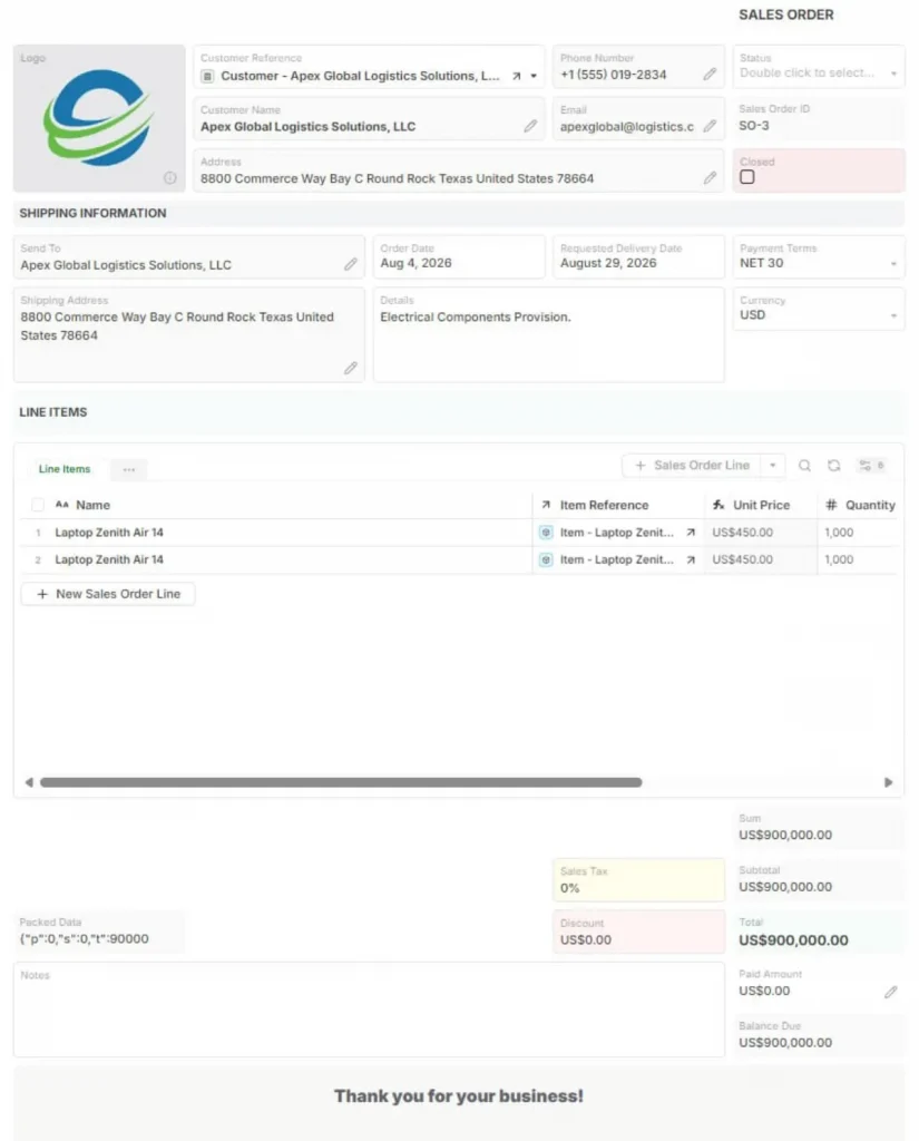 Sales Order record with customer and line items