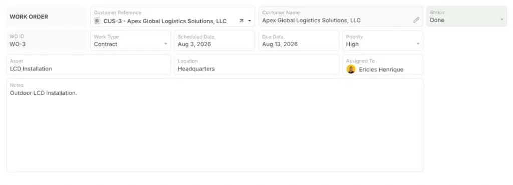 image showing an AnyDB work order with customer, asset, status, priority, schedule, and assignment details