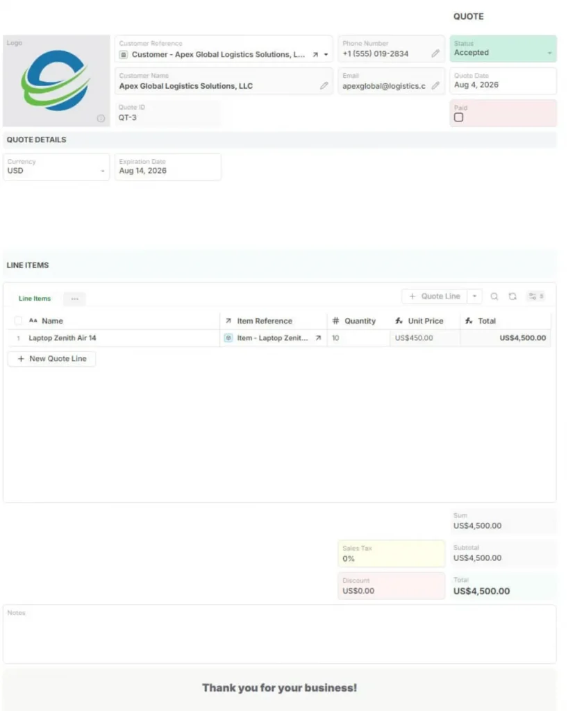 AI CRM in AnyDB showing a quote business object with customer data, line items, pricing, status, and totals