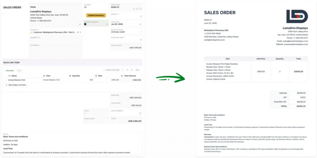 Partner management software in AnyDB showing a sales order record converted into a customer-ready sales order document