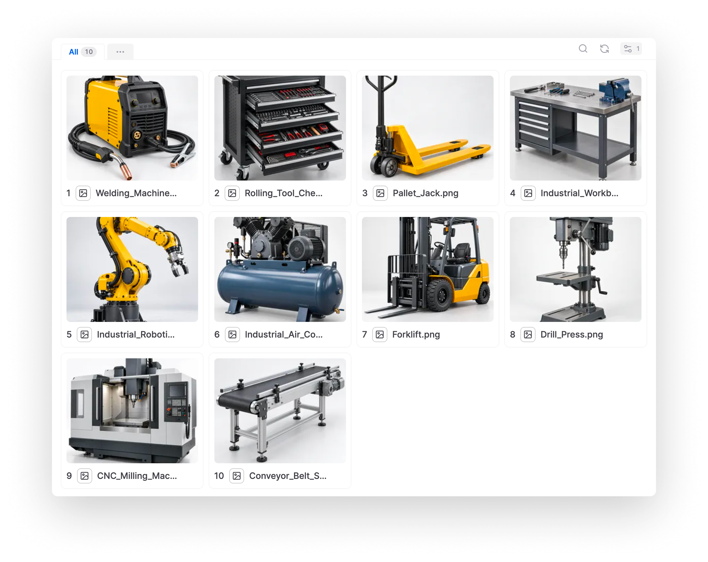 Industrial equipment files organized in an AnyDB grid view