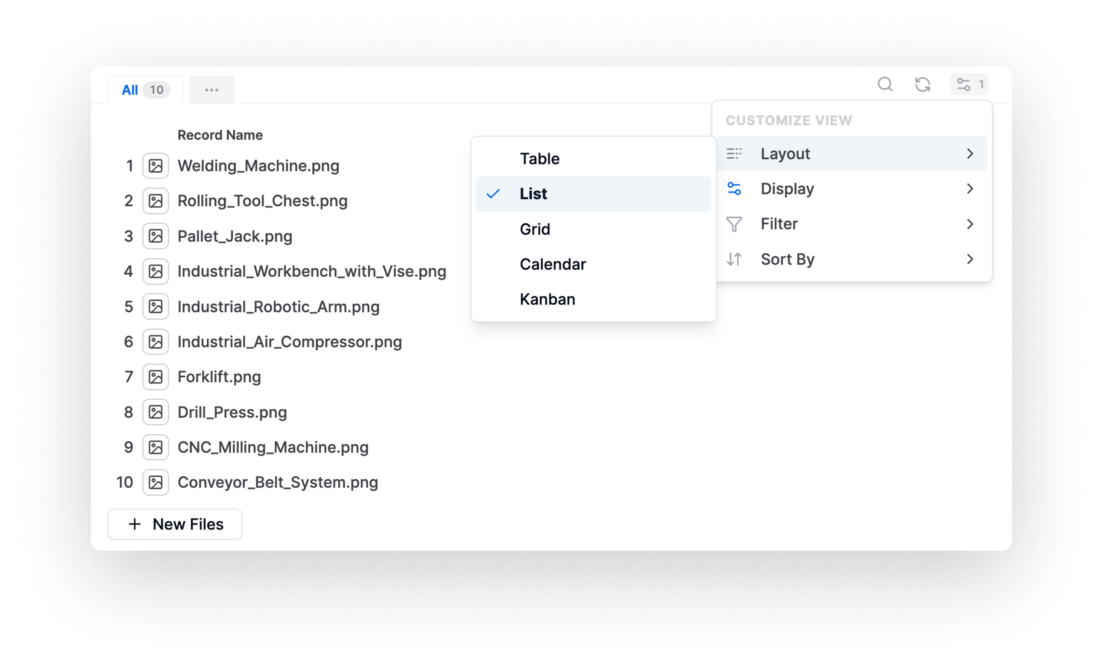 Equipment files in an AnyDB list view with layout options