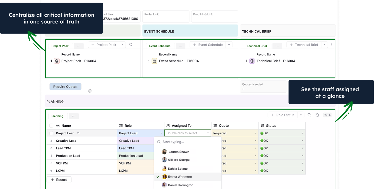 Connected records for event management in AnyDB