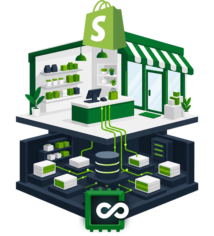 Shopify in the storefront, AnyDB behind the operation