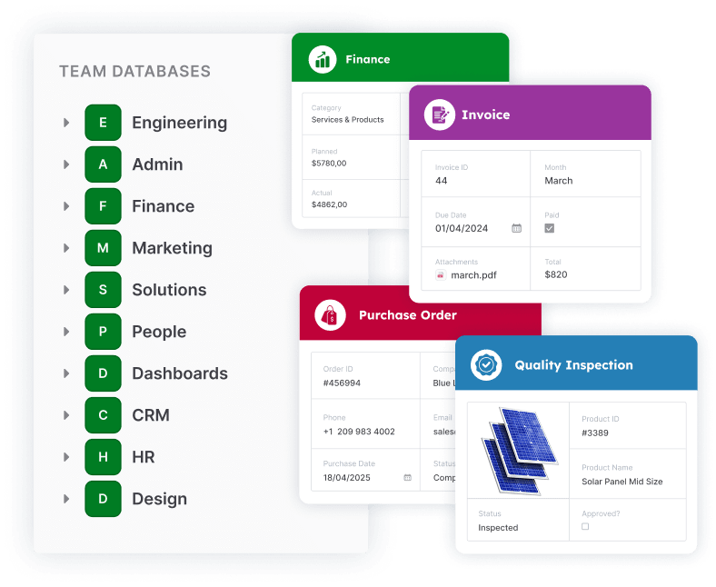 Connected team databases for engineering, admin, finance, marketing, solutions, people, dashboards, CRM, HR, and design