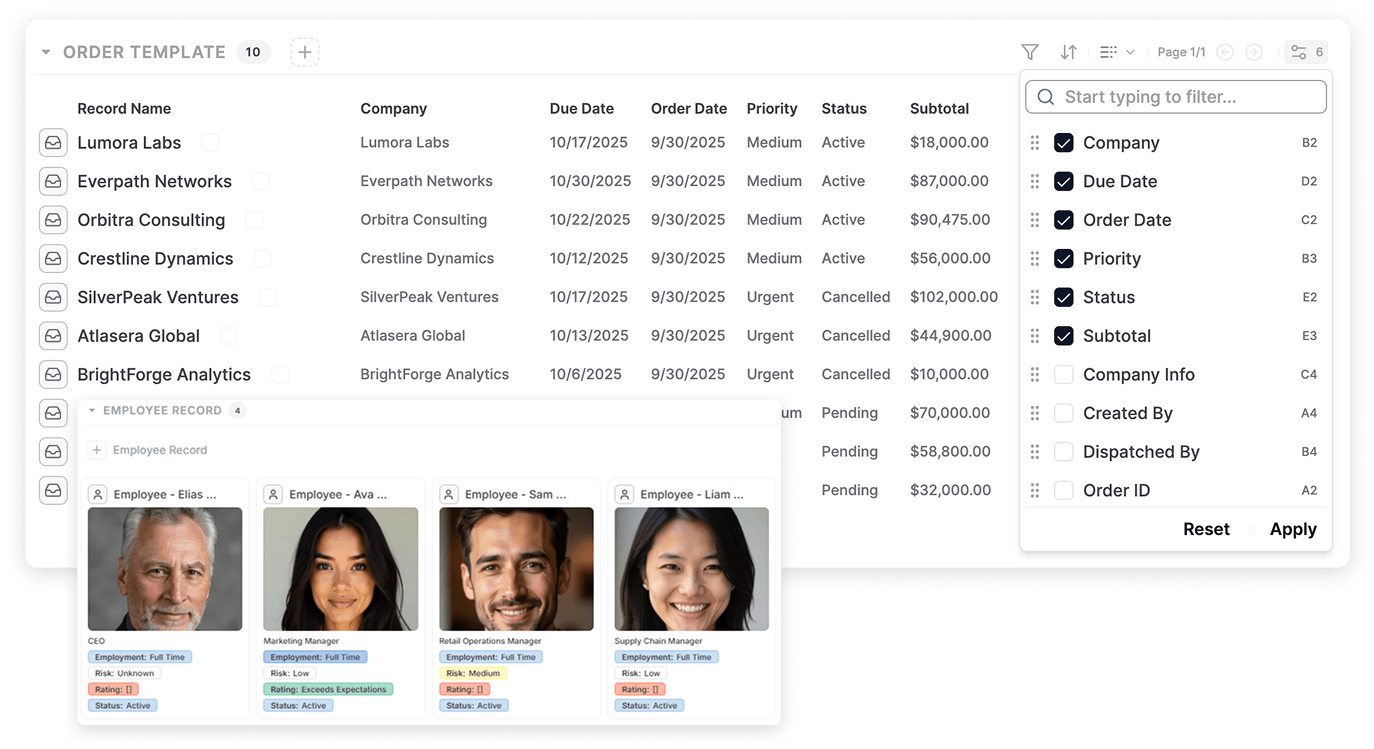 AnyDB order table with selectable columns and employee record cards