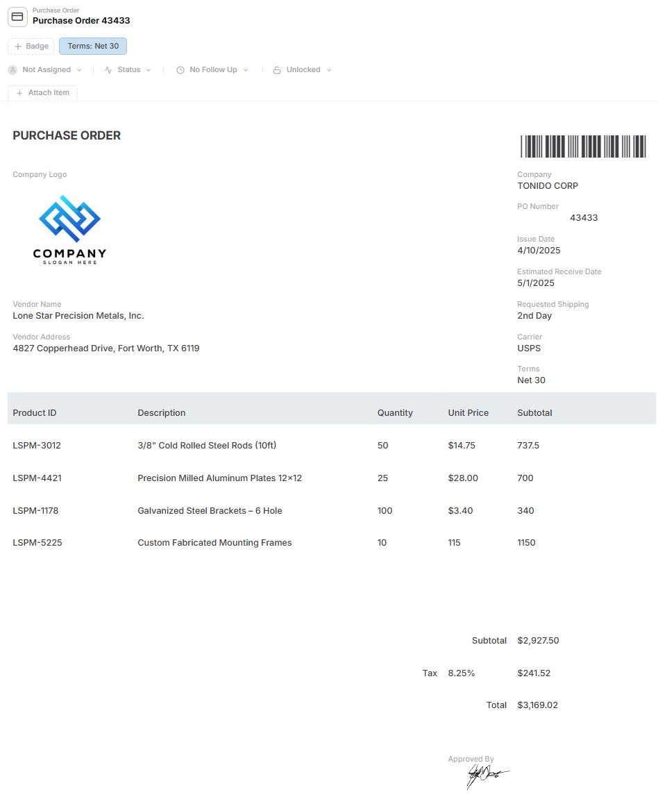 Purchase order management in AnyDB