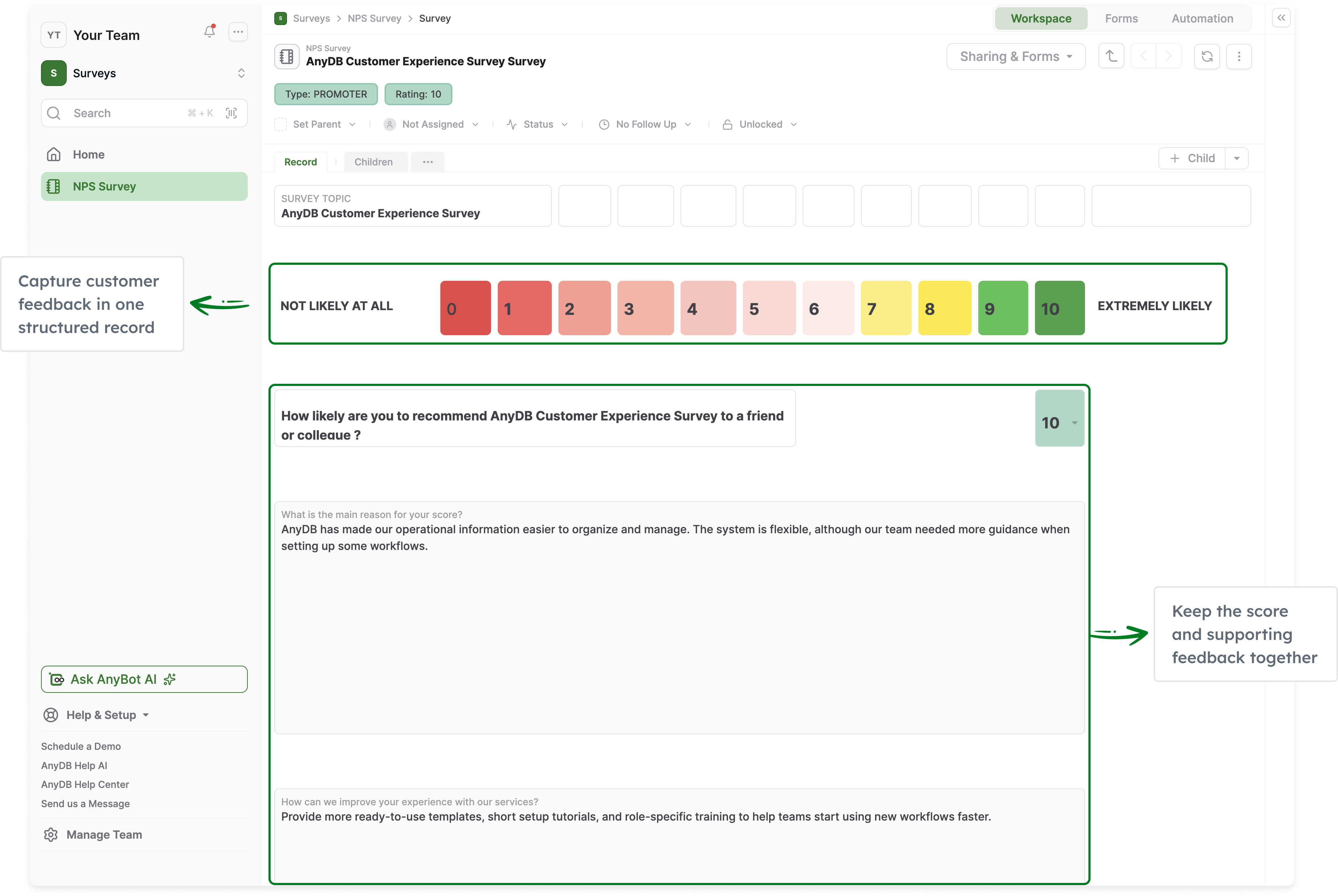 Survey management in AnyDB