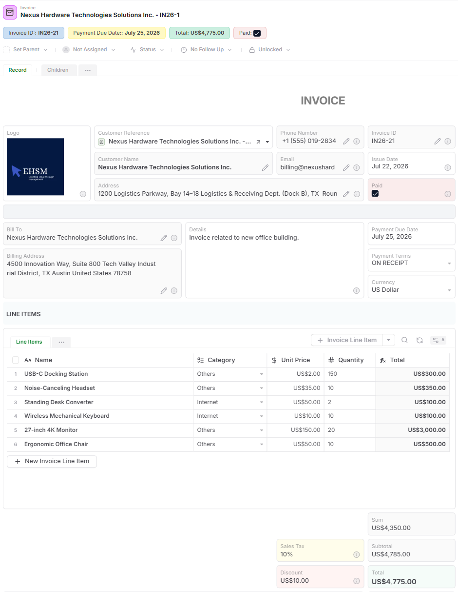 Invoice management in AnyDB