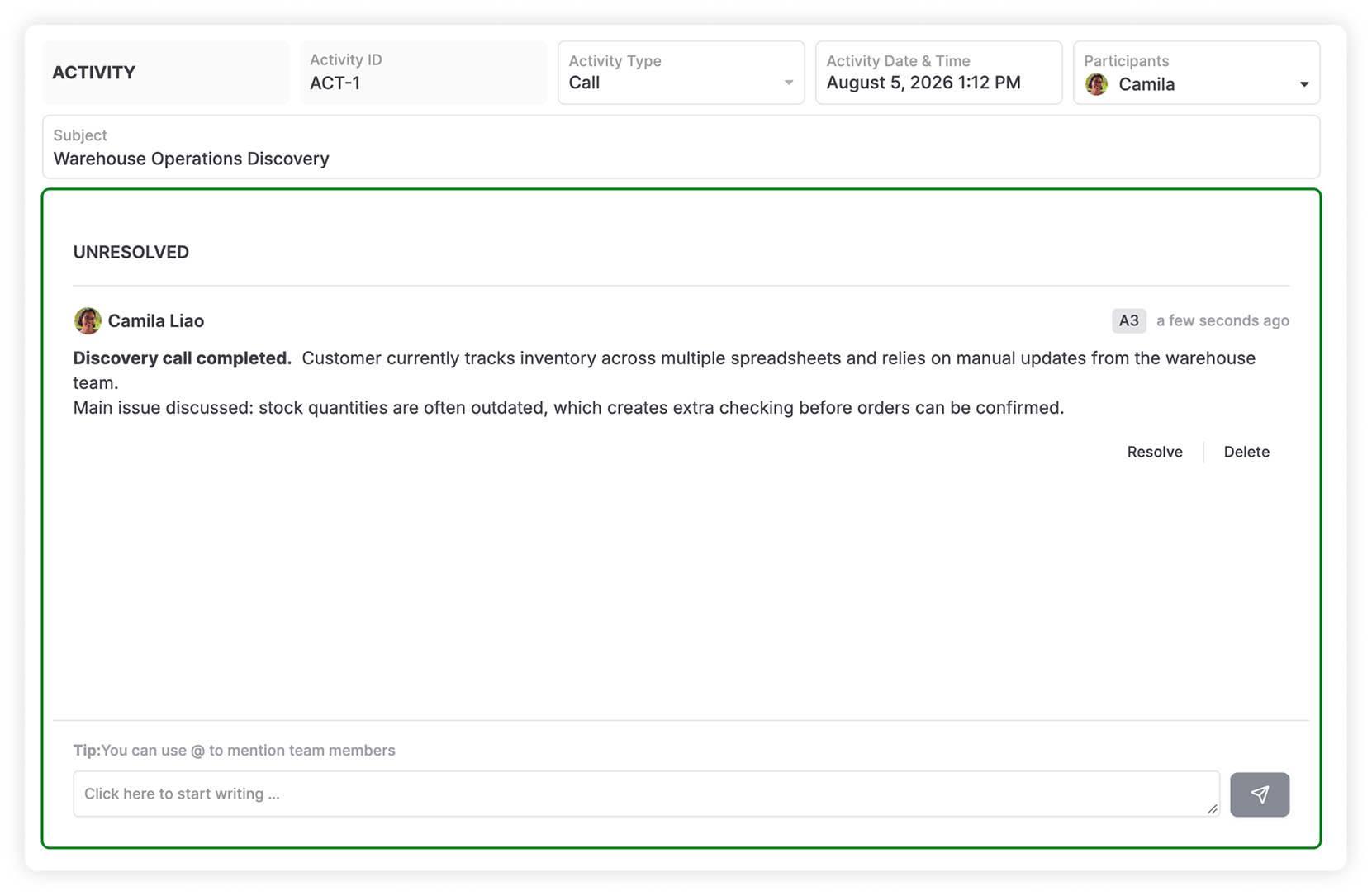 AnyDB CRM activity record