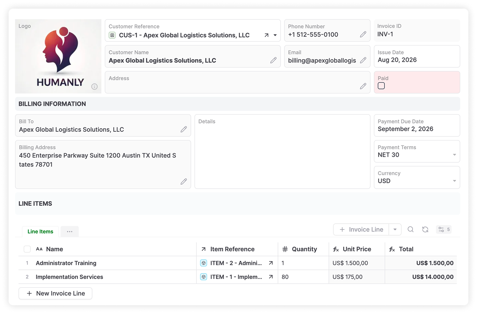 AnyDB CRM invoice record
