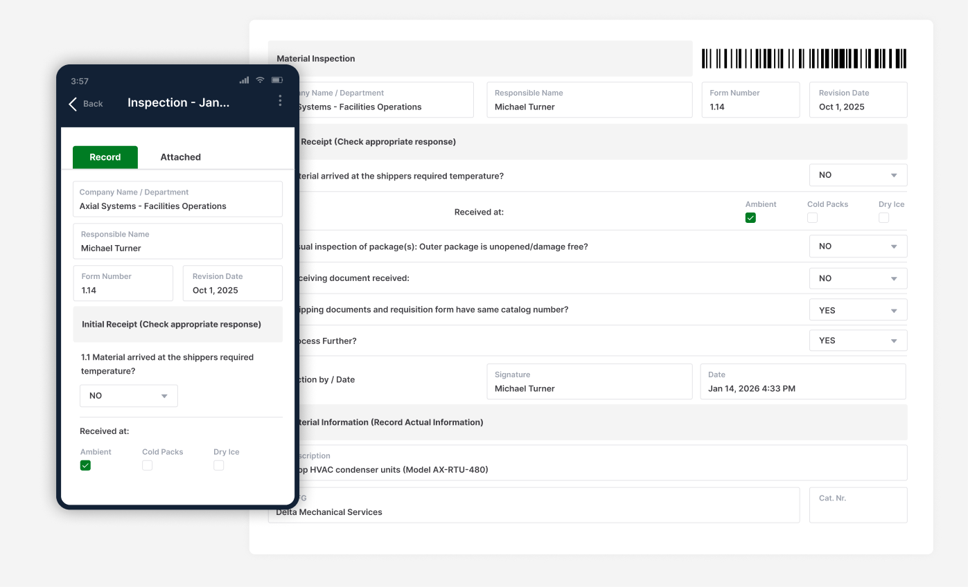 Material inspection form displayed on mobile and desktop