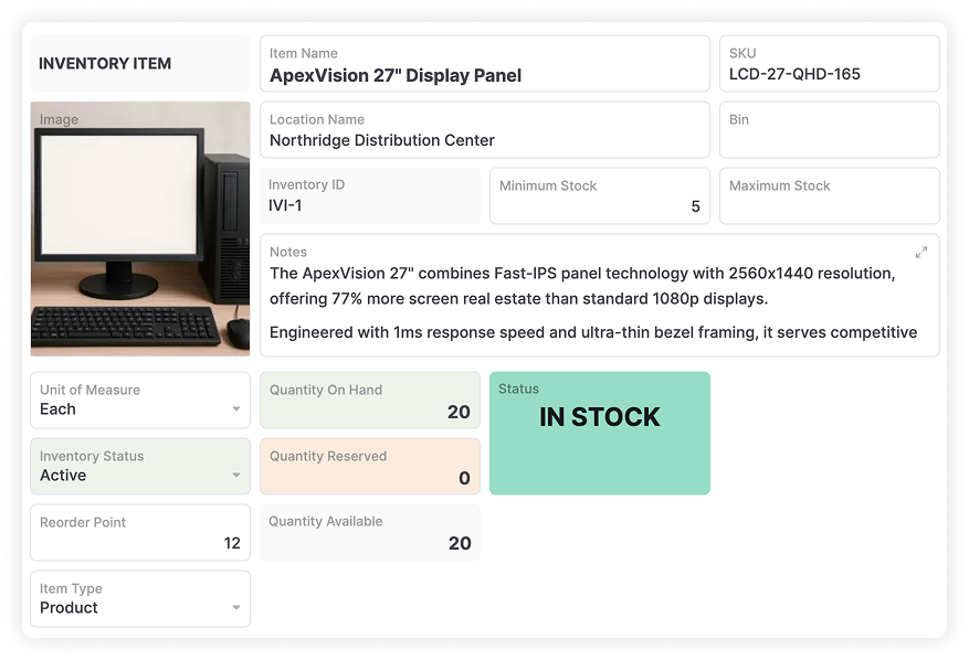 AnyDB inventory item showing product details, stock quantities, location, and reorder point