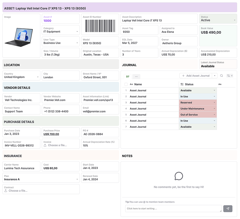 AnyDB asset record workspace showing connected business information