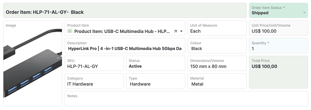 AnyDB order-management information layered with the connected asset record