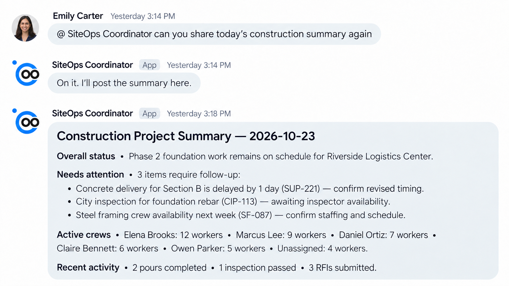 An AnyDB AI Teammate working with a team through Google Chat
