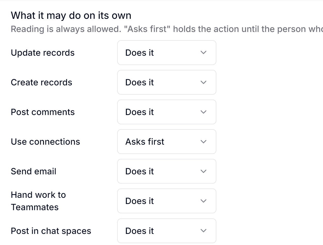 AI Teammate permissions for records, connections, email, collaboration, and chat