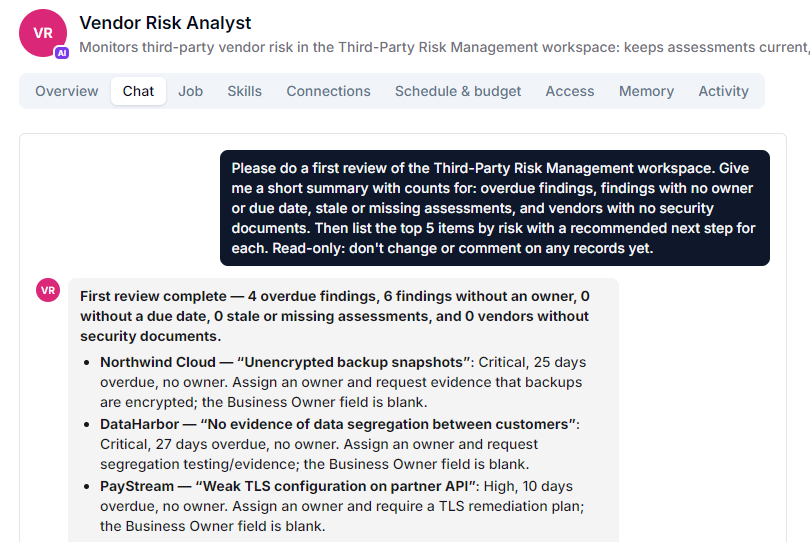 Vendor Risk Analyst AI Teammate reviewing third-party risk findings