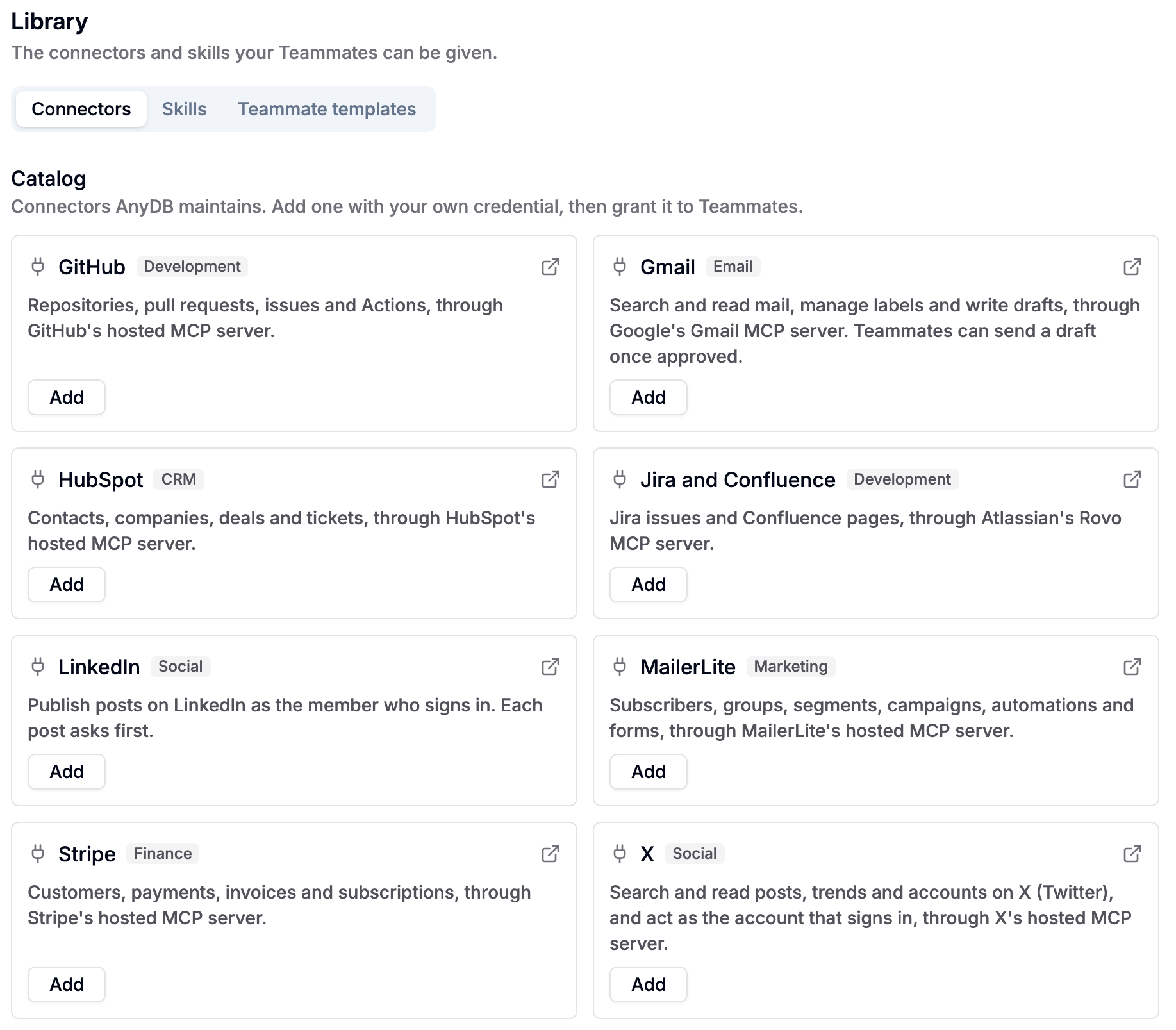 AnyDB connector library for granting AI Teammates access to external business systems