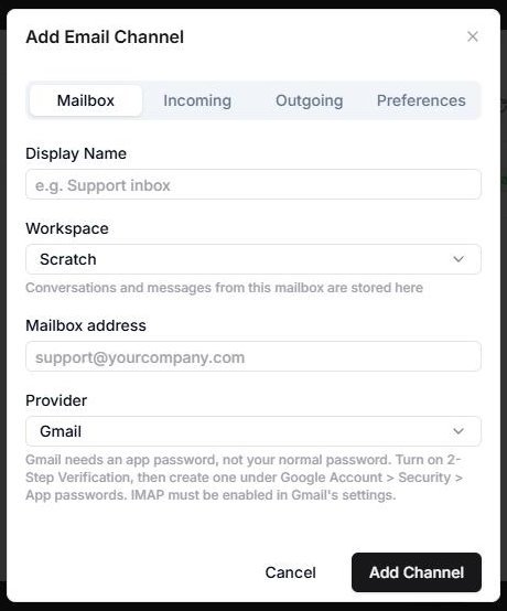 Adding an Email or WhatsApp channel in AnyDB