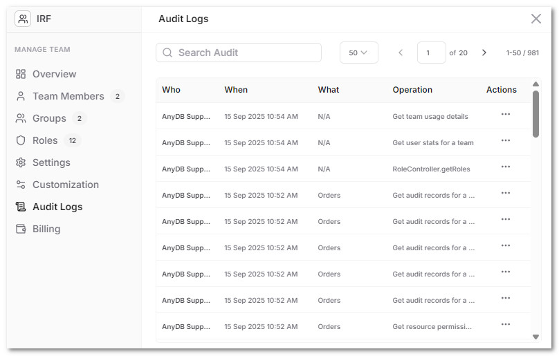 The AnyDB audit log showing who did what and when