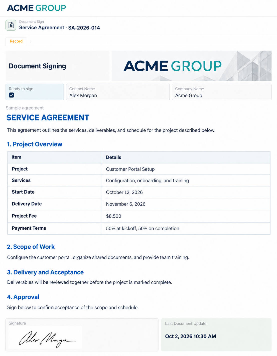Document ready for signature in an AnyDB portal