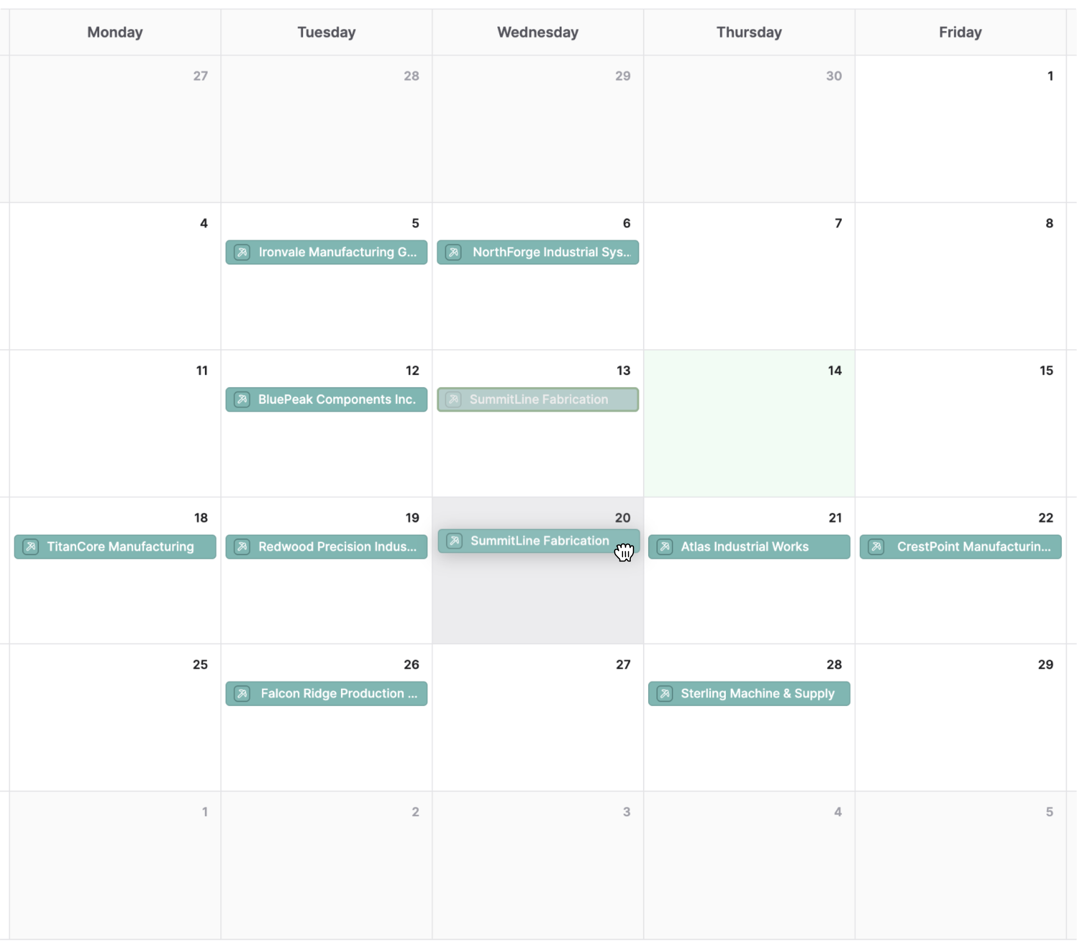 AnyDB calendar view showing manufacturing records scheduled across the month
