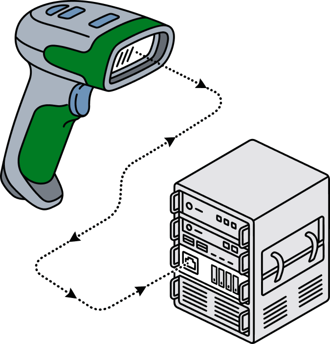Barcode scanner connected to a server, illustrating customizable inventory systems