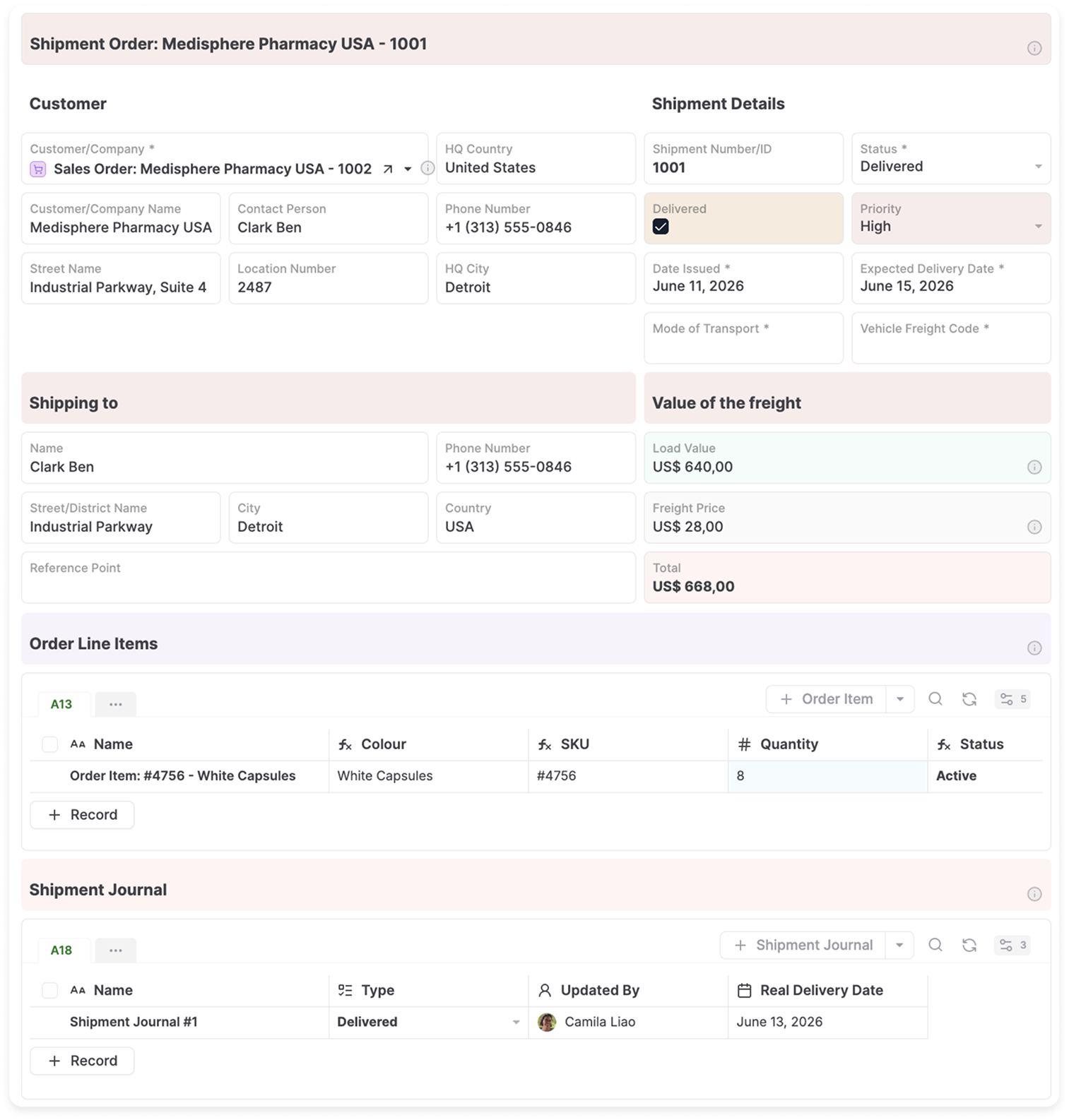 AnyDB shipment record with connected customer, delivery, freight, order items, and shipment journal information