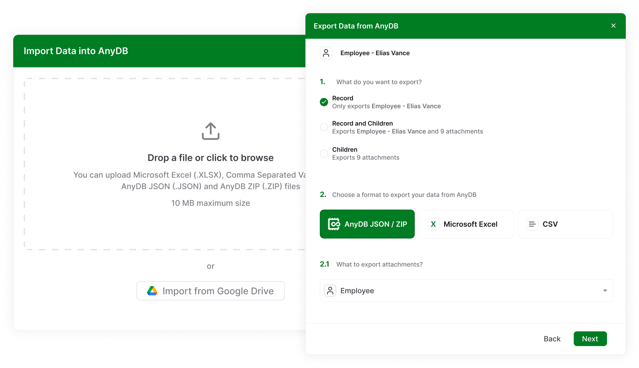 AnyDB import and export options for spreadsheet data