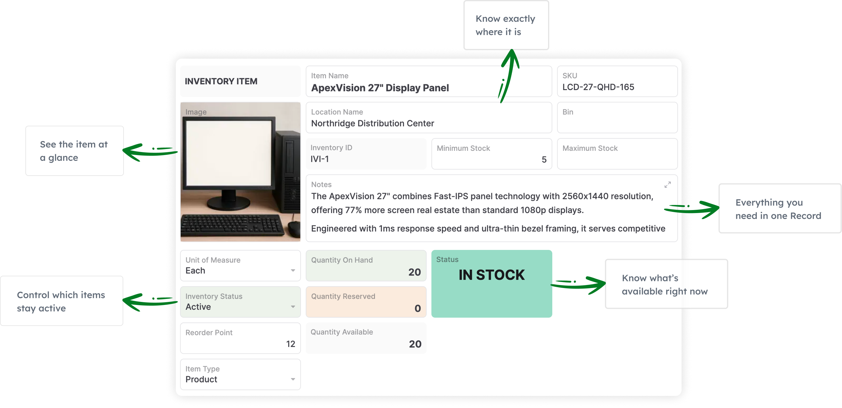 AnyDB inventory item benefits: see the item at a glance, find its location, keep details in one record, control active items, and check current availability