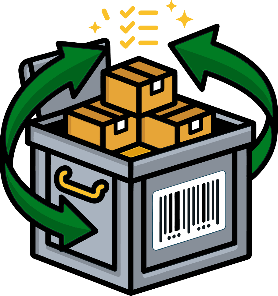 Inventory boxes with a barcode and arrows representing stock movement