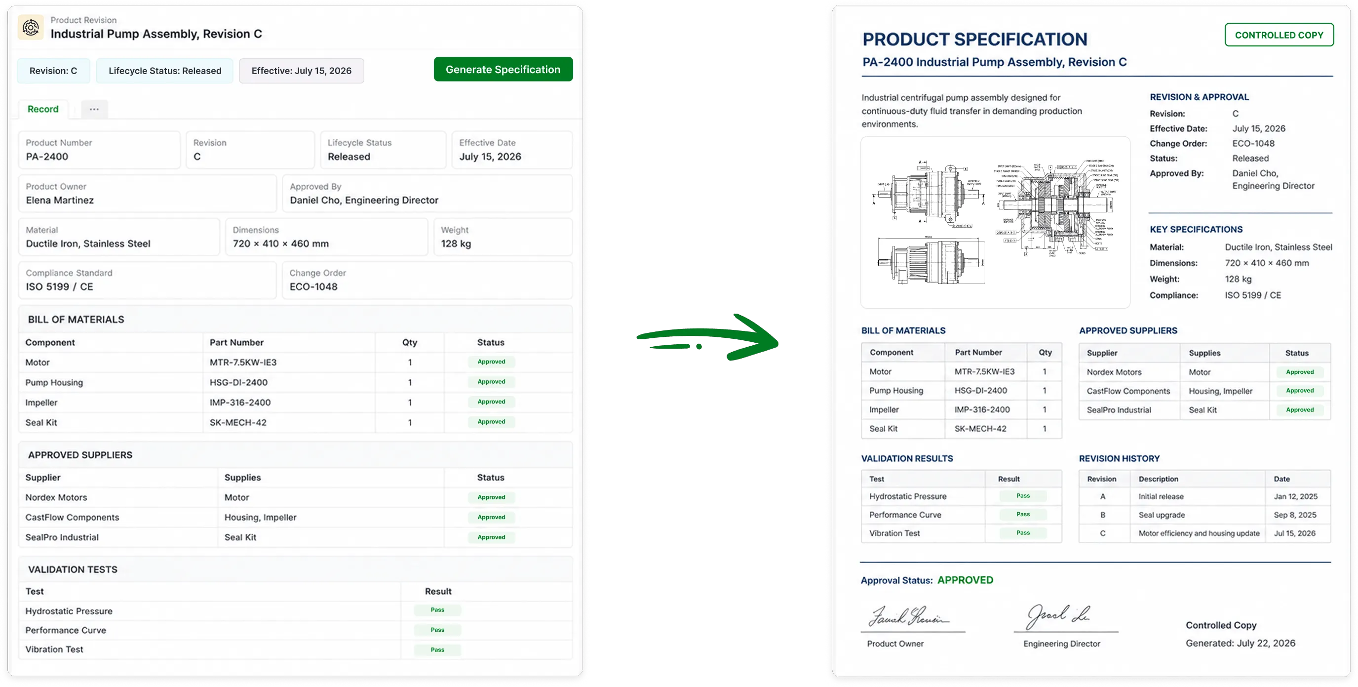 Generate a product specification document from a manufacturing record, including materials, suppliers, validation results, and approvals