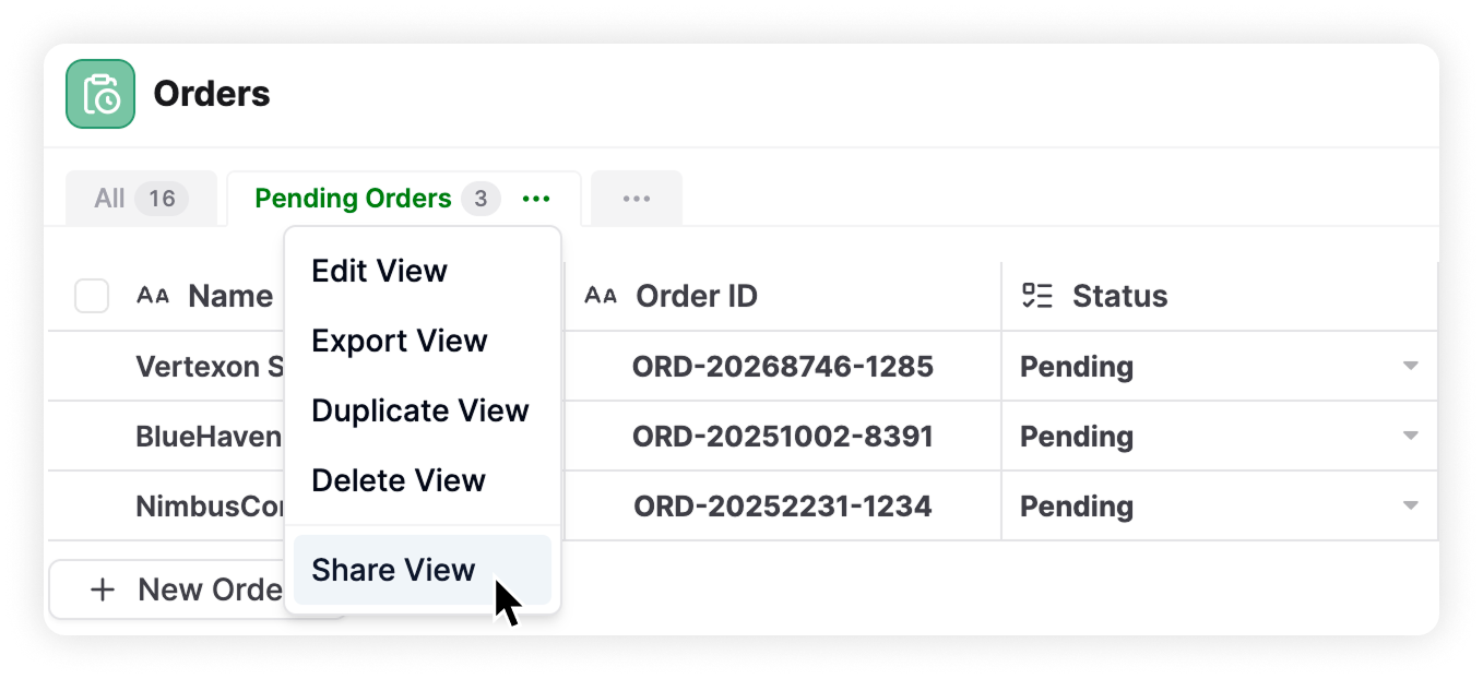 AnyDB Pending Orders view with the Share View option selected